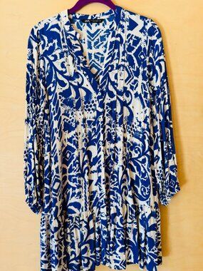 ZARA Blue and White Print, Long Sleeve, Size Small, Dress